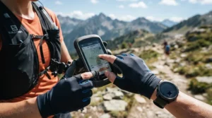 A jogger wearing lightweight waterproof running gloves with touchscreen capability changing music on a phone.