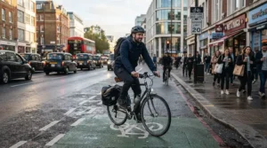 A cyclist riding an urban bicycle to work wearing a flexible men's down jacket for daily commuting.