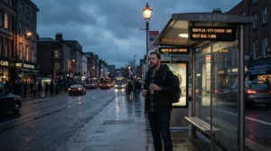 An illustration of a men's down jacket for daily commuting worn by a commuter waiting at a rainy downtown bus stop.