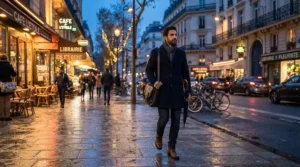 A professional walking home after dark in a cozy men's down jacket for daily commuting under city lights.