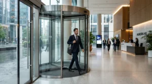 A businessman arriving at a sleek corporate office building wearing a warm men's down jacket for daily commuting.