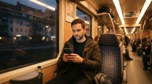 A passenger seated on a commuter train reading a tablet in his men's down jacket for daily commuting.