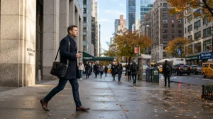 A professional in a slim men's down jacket for daily commuting walking briskly down a Chicago sidewalk to the office.