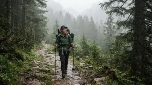 Hiker wearing a waterproof baseball hat on a mountain trail during a misty morning.