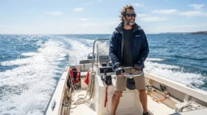 A smiling fisherman wearing mens fishing gloves waterproof on a center console boat offshore.