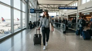 Traveler wearing a quick-dry waterproof baseball hat at an airport terminal.