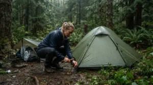 A camper setting up a tent in the woods wearing a reliable rain suit set jacket pants.