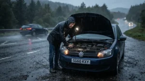 A motorist inspecting a vehicle tire on the roadside wearing a rain suit set jacket pants.