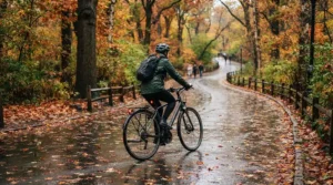 A cyclist riding a bicycle through a park path wearing a rain suit set jacket pants.