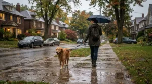 A suburban resident walking their dog on a wet street wearing a rain suit set jacket pants.