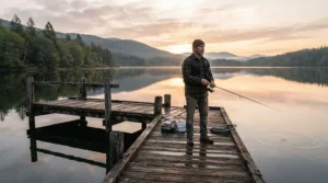 An angler standing on a wooden fishing dock wearing a rain suit set jacket pants on a foggy morning.