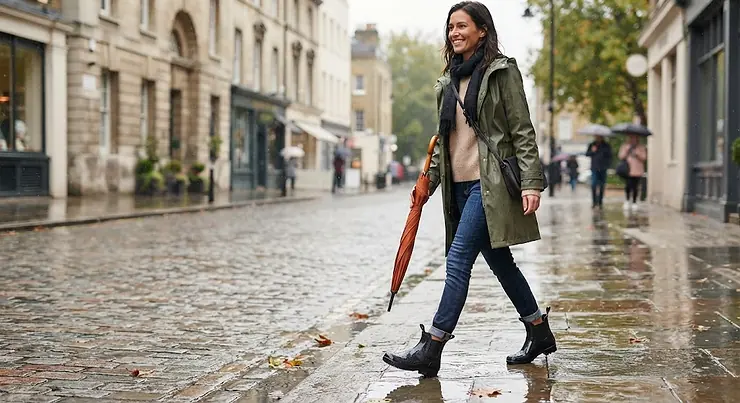 Woman wearing stylish black ankle rain boots with jeans while walking outside on a wet day