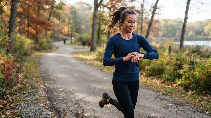 A runner wearing touchscreen waterproof gloves while checking a fitness tracker on a chilly autumn morning.