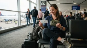 A traveler holding a compact travel rain kit packable while waiting at an airport boarding gate.