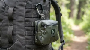 A travel rain kit packable strapped to the outside of a travel backpack ready for sudden weather.