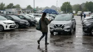 A traveler carrying a travel rain kit packable while walking across a rainy rental car parking lot.