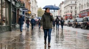 A tourist using a travel rain kit packable while walking down a busy downtown sidewalk.