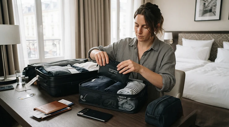 A traveler packing a travel rain kit packable into a packing cube on a hotel desk.