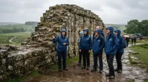 Sightseers using a travel rain kit packable during an outdoor historic monument tour in the rain.