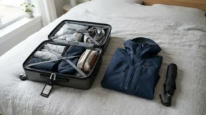 A neat travel rain kit packable laid out next to an open carry-on suitcase for a trip.