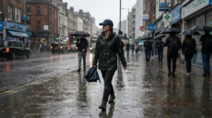 Man wearing a waterproof baseball cap while walking through a rainy city street.