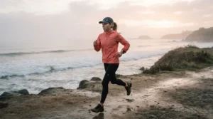 Runner wearing a waterproof dad cap while exercising on a coastal pathway.
