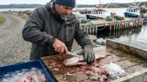 A person filleting fish on a cleaning table wearing slip-resistant fishing gloves waterproof.
