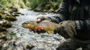 Close-up of fishing gloves waterproof safely gripping a slippery trout in a freshwater stream.