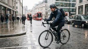 A cyclist navigating with a handlebar-mounted smartphone using waterproof gloves that work on touchscreens.