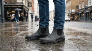 Womens tall black matte knee high rain boots styled with casual denim