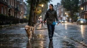 A woman wearing womens waterproof smartphone gloves holding a leash and scrolling through her phone in the rain.