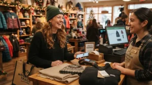 A customer smiling at a register while purchasing a budget-friendly 800 fill down jacket on sale.