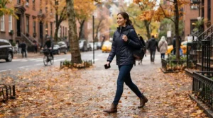 An urban commuter walking past autumn leaves in Chicago while wearing a warm 800 fill down jacket.