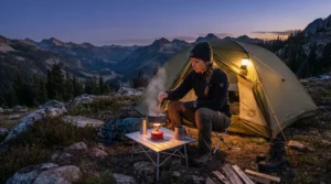Backpacker staying warm in an 800 fill down jacket for backpacking while cooking dinner at a backcountry campsite.