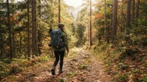 Close-up of a trekker navigating a dense forest trail in chilly weather wearing an 800 fill down jacket for backpacking.
