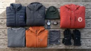 Display of technical outdoor gear showing an 800 fill down jacket for backpacking as part of an effective layering system.