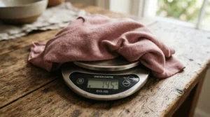 Weighing gear on a digital scale to show how an 800 fill down jacket for backpacking keeps trail weight to a minimum.