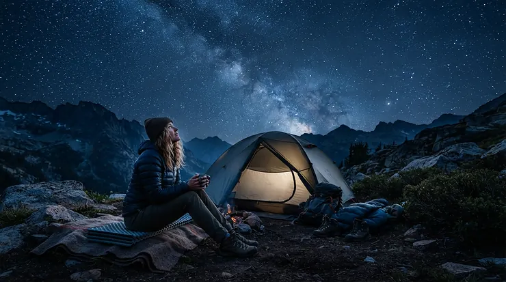 Outdoor enthusiast relaxing on a sleeping pad at night wearing an 800 fill down jacket for backpacking under the stars.