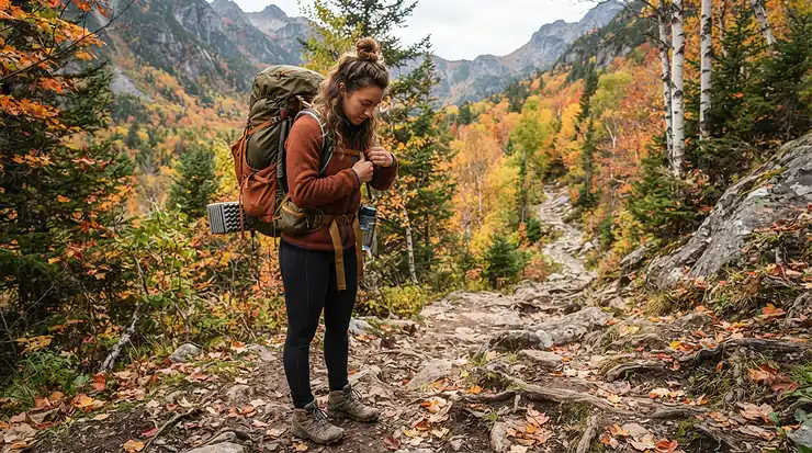 An 800 fill down jacket for men over 6 feet packed tightly into a backpack for a wilderness backpacking trip.