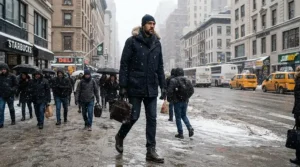 An 800 fill down jacket for men over 6 feet featuring a tall fit walking through a snowy downtown crosswalk.