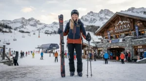 An 800 fill down jacket for men over 6 feet shown on a tall skier standing outside a snowy ski lodge.