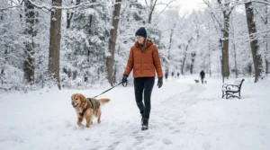 An 800 fill down jacket for men over 6 feet worn on a tall man walking his dog through a frosted park.