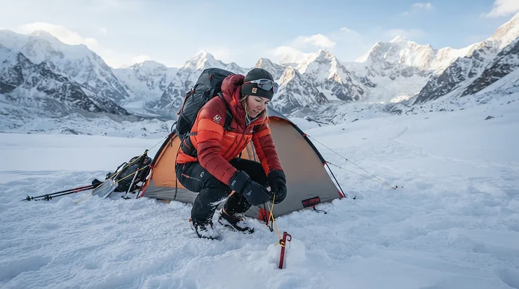 Mountaineer in an 800 fill down jacket for subzero temperatures setting up a tent in deep snow