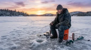 Fisherman in an 800 fill down jacket for subzero temperatures sitting by a frozen lake hole
