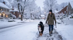 Person walking a dog through fresh powder wearing an 800 fill down jacket for subzero temperatures