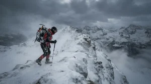 Hiker wearing an 800 fill down jacket for subzero temperatures while facing heavy winds on an icy ridge