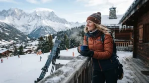 Skier resting in an 800 fill down jacket for subzero temperatures outside a rustic alpine lodge