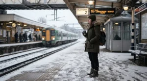 City commuter wearing an 800 fill down jacket for subzero temperatures waiting at a snowy train platform