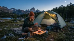 An 800 fill down jacket for ultralight hikers worn by a camper boiling water at a backcountry tent site.