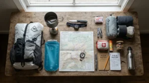 An 800 fill down jacket for ultralight hikers laid out neatly alongside minimalist backpacking gear on a wooden table.
